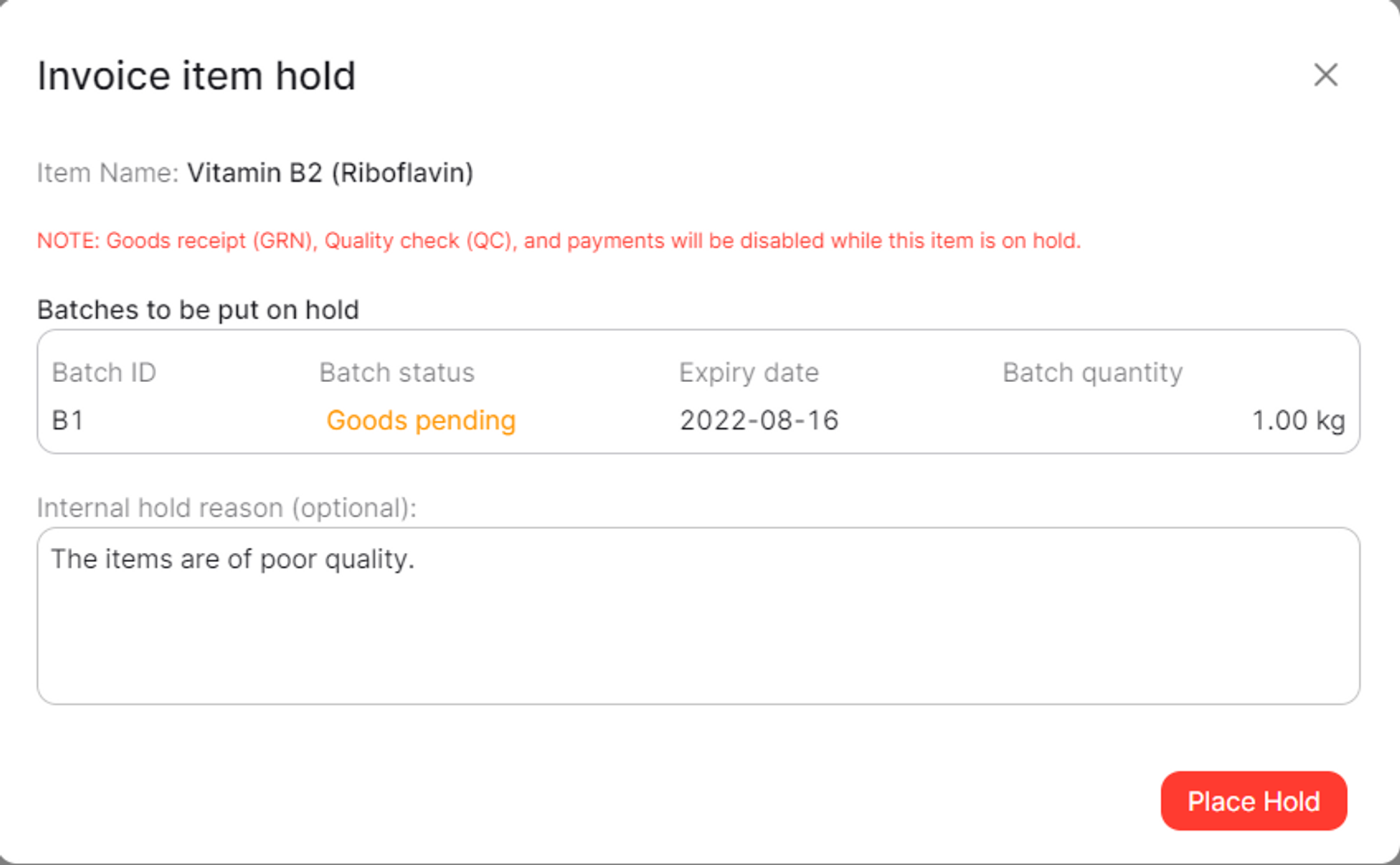 Place Invoice Item Hold